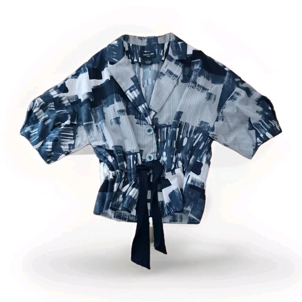 Focus 2000 Petite Navy Abstract Brushstroke Button Front Tie Waist Blouse 12P